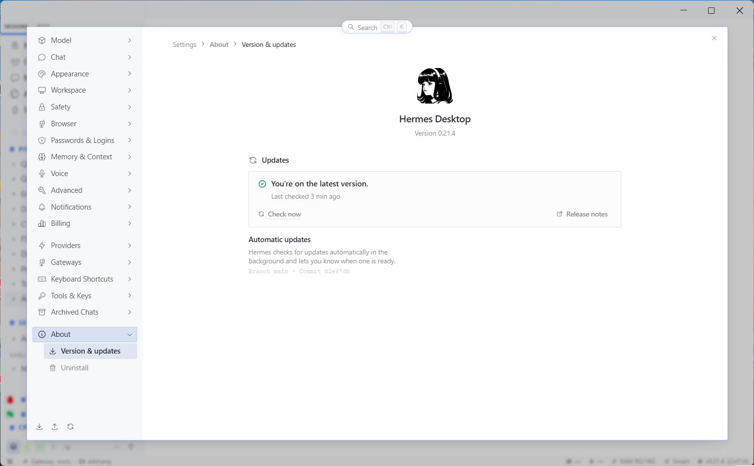 Hermes Desktop 版本页 —— 显示 You're on the latest version,Version 0.21.4